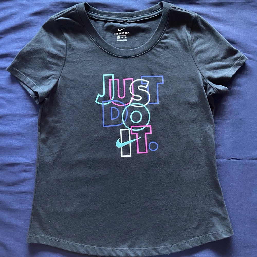 Nike Black/Multicolor Short Sleeve T-Shirt with “Just Do It” text on front